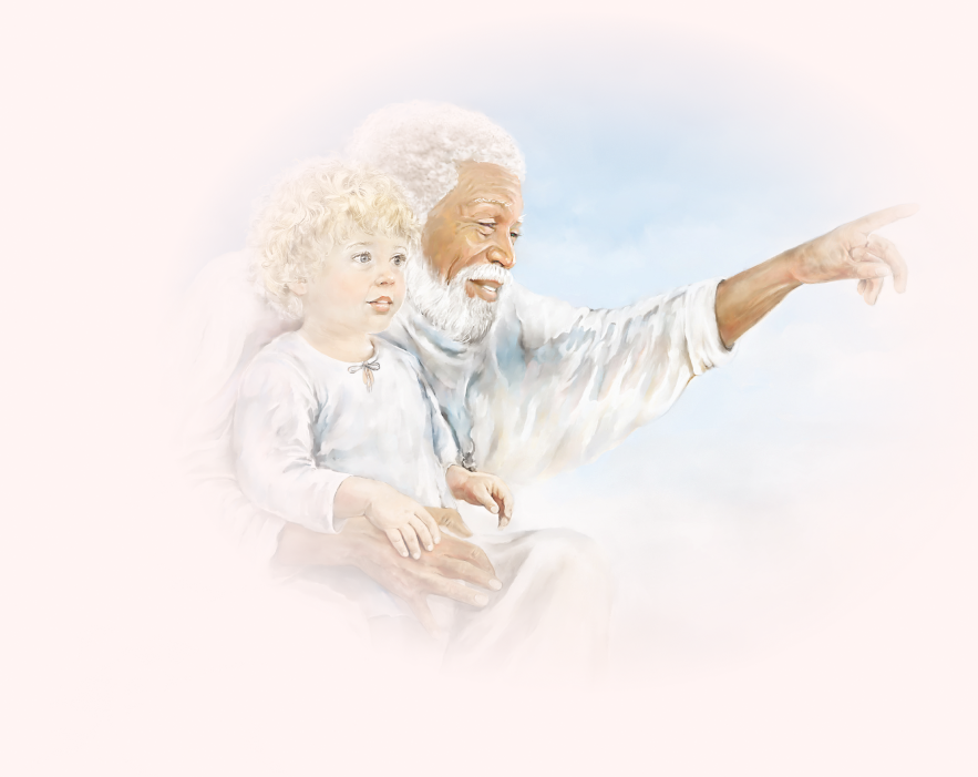 Illustration of God holding little boy in heaven